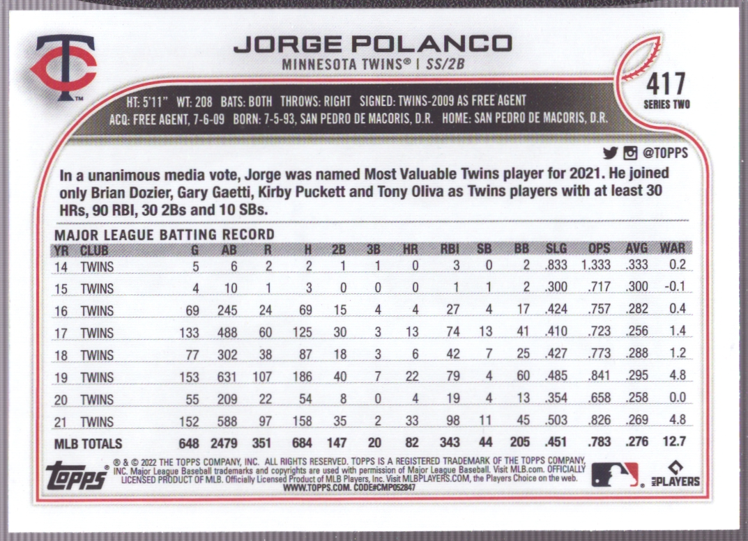 2022 Topps Baseball Jorge Polanco #417 NM