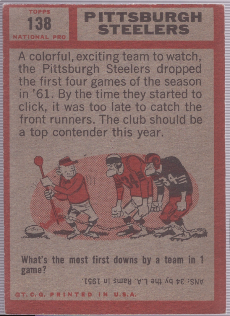 1962 Topps Football Pittsburgh Steelers SP, TC #138 sehr guter Zustand - Bild 2 von 2