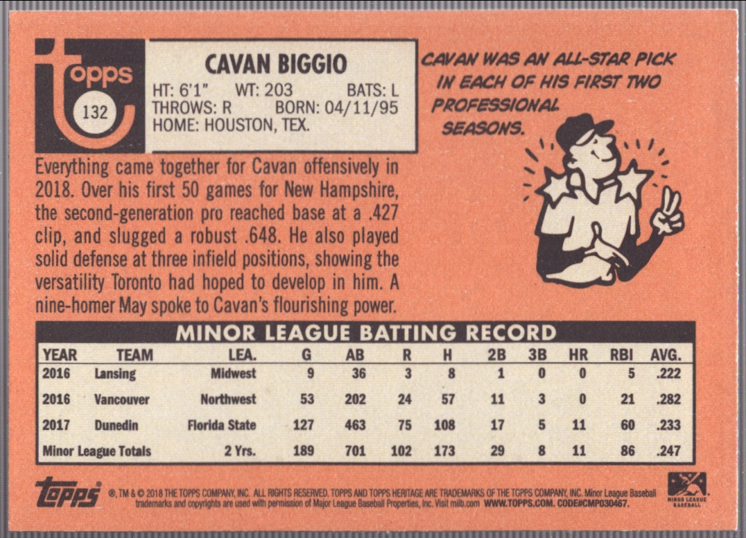 Topps Heritage 2018 edición de ligas menores béisbol Cavan Biggio #132 casi nuevo - Imagen 2 de 2