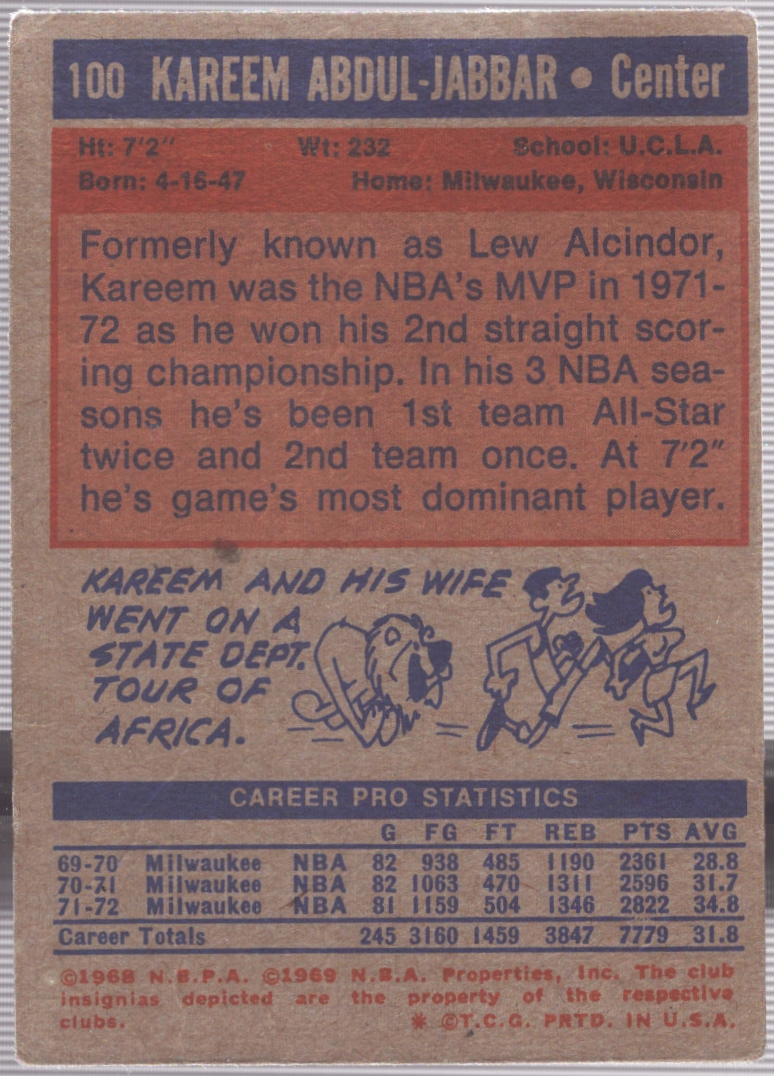 1972-73 Topps Basketball Kareem Abdul-Jabbar #100 PR