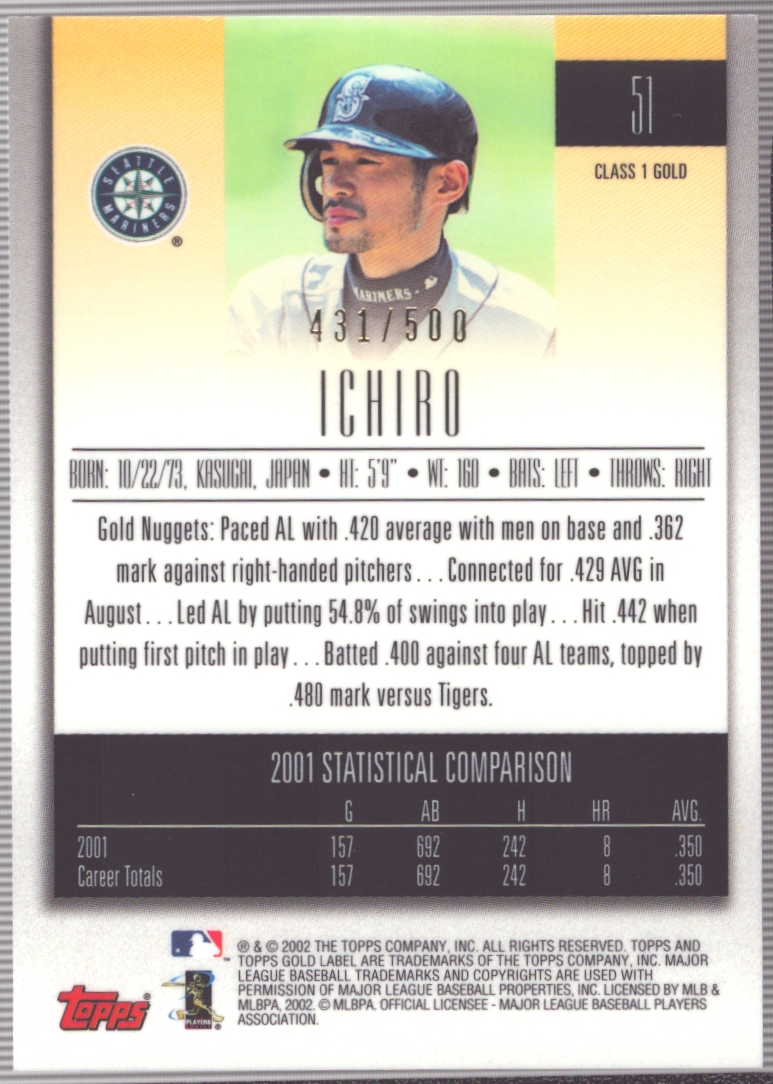 2002 Topps Gold Label - Ichiro Suzuki #51 Class 1 Gold /500 for